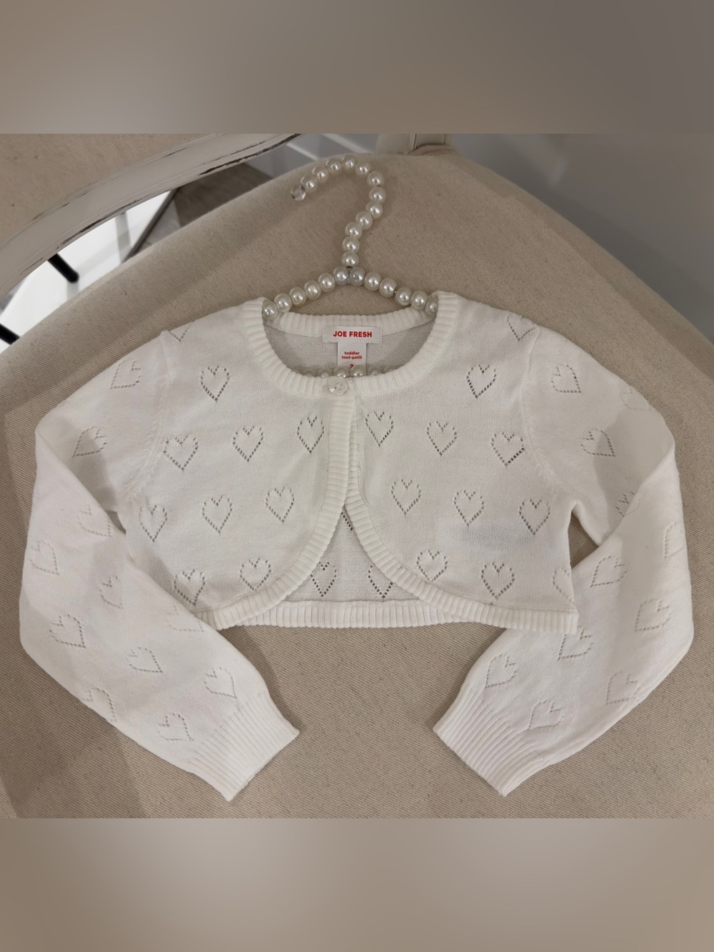 🤍 2T White Heart Pointelle Knit 100% Cotton Cropped Cardigan Sweater Shrug NWT